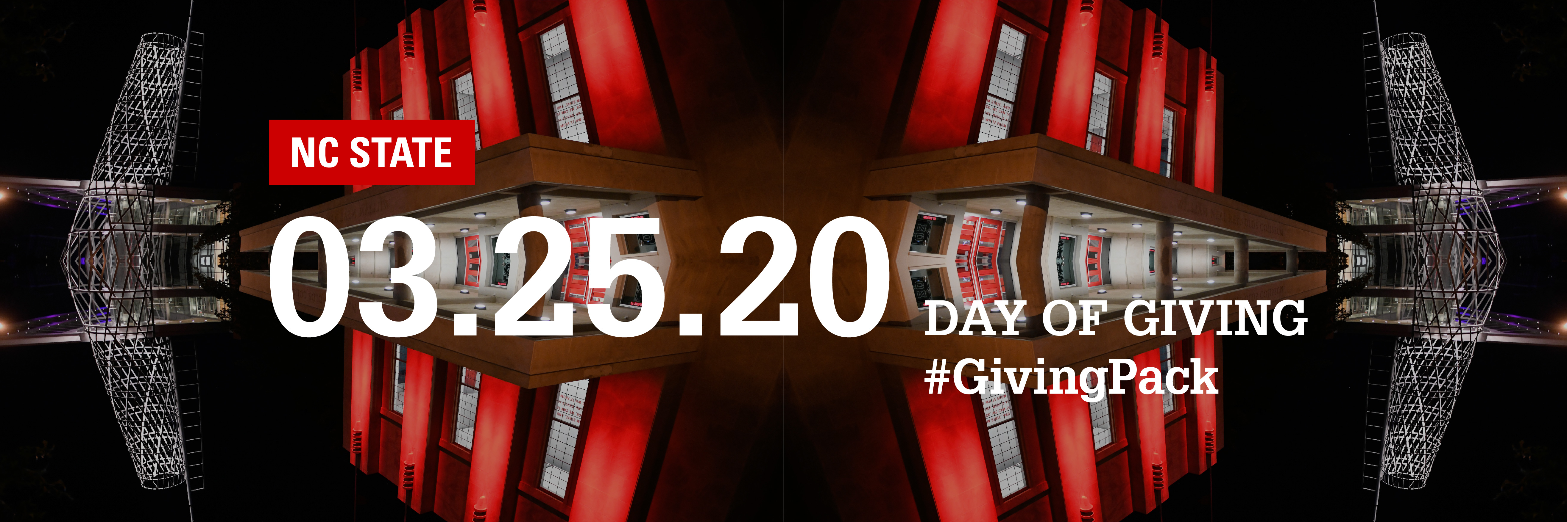 Twitter cover photo with image of Reynolds Coliseum and text reading NC State 03.25.20 Day of Giving Hashtag Giving Pack