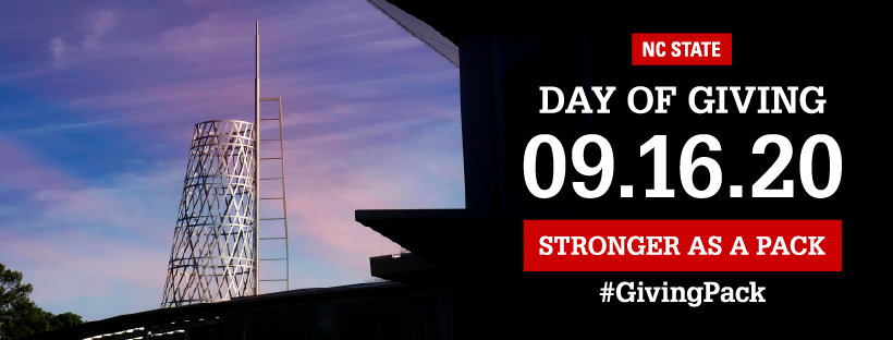 Facebook cover photo with image of the Talley student union tower and text reading NC State Day of Giving 09.16.20 Stronger as a Pack Hashtag Giving Pack