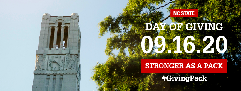 Facebook cover photo with image of the belltower and text reading NC State Day of Giving 09.16.20 Stronger as a Pack Hashtag Giving Pack