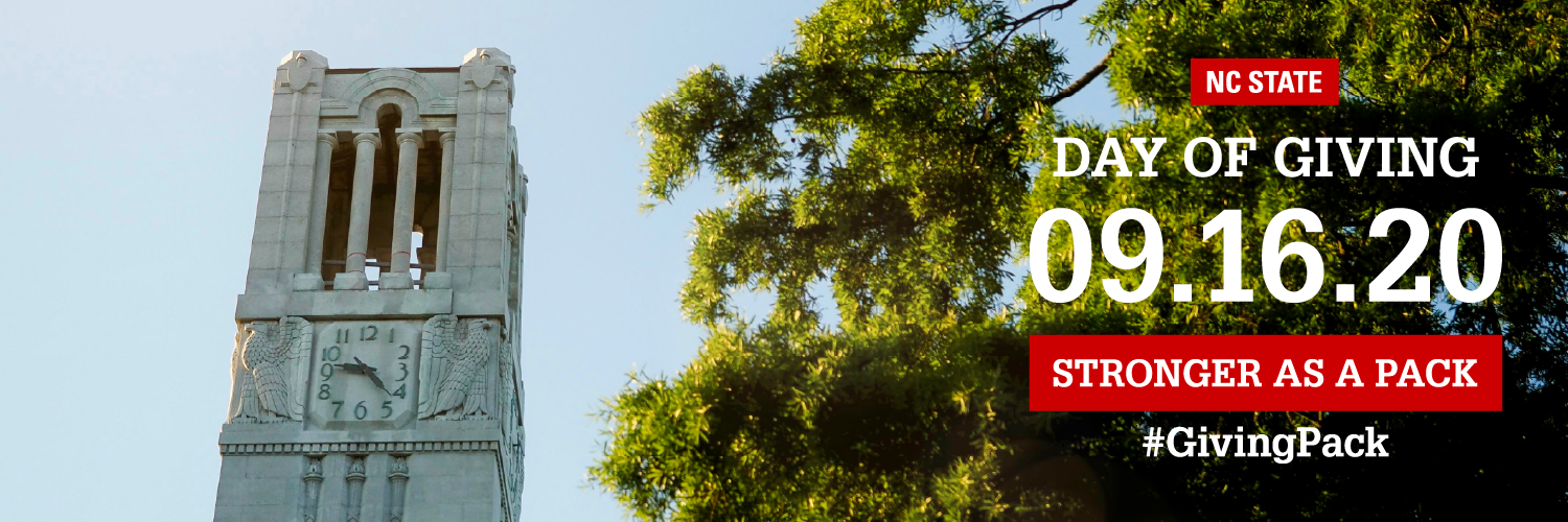 Twitter cover photo with image of the belltower and text reading NC State Day of Giving 09.16.20 Stronger as a Pack Hashtag Giving Pack
