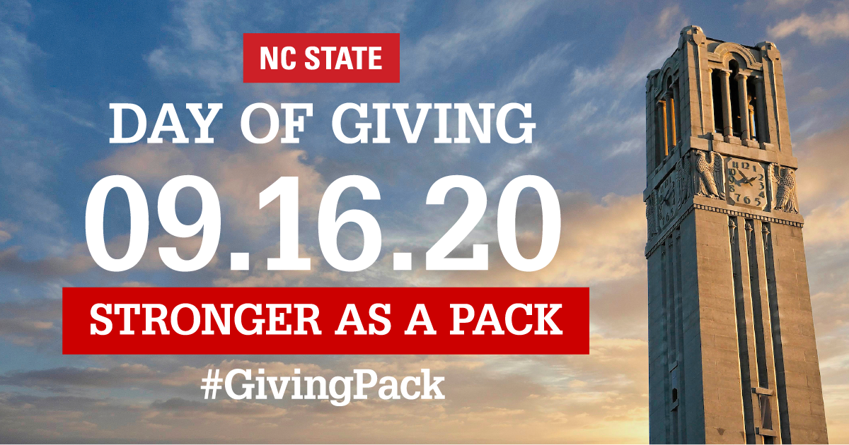 Facebook image of the belltower and text reading NC State Day of Giving 09.16.20 Stronger as a Pack Hashtag Giving Pack