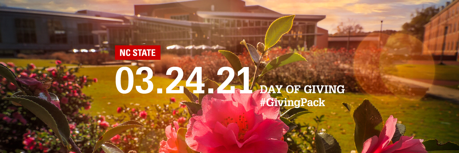 Twitter cover photo with image of flowers at the Talley Student Union courtyard and text reading NC State 03.24.21 Day of Giving Hashtag Giving Pack