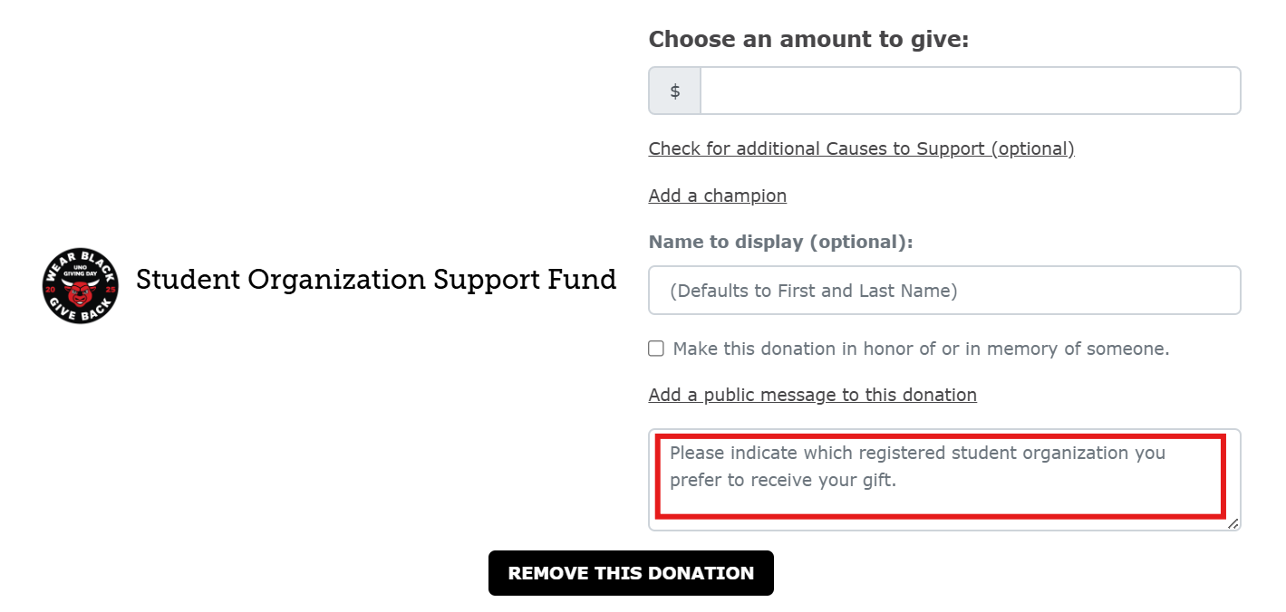 Image of Student Organization Giving Form